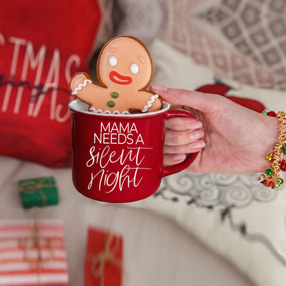 Mama Silent Night coffee mug by Gia Roma, red mug with white script and gingerbread cookie on Tampa Home & Garden Store