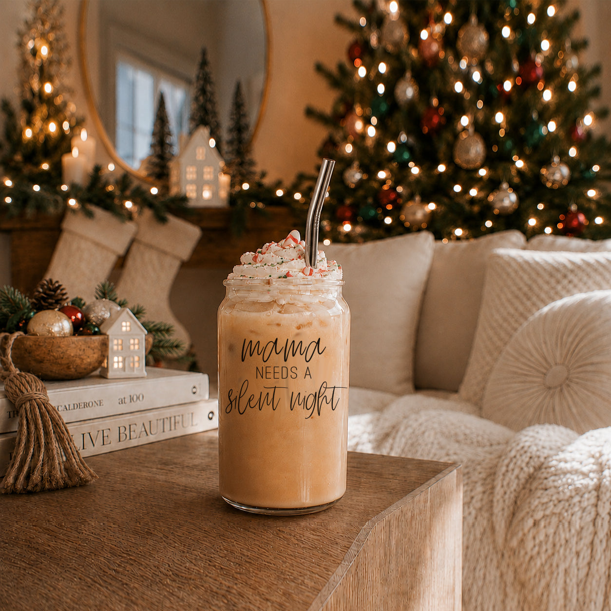 Mama Silent Night 17oz glass cup Gia Roma with whipped cream and straw on Christmas decor on Tampa Home & Garden Store