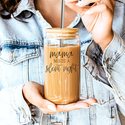 Mama Silent Night 17oz glass cup by Gia Roma with metal straw and wooden lid on Tampa Home & Garden Store