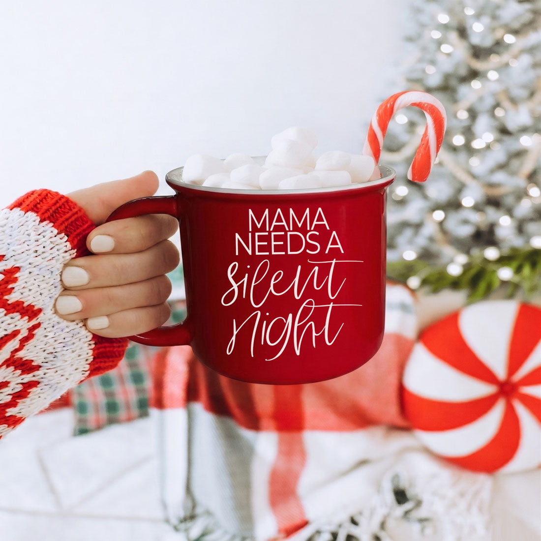 Mama Silent Night red ceramic Gia Roma coffee mug with marshmallows on Tampa Home & Garden Store on Tampa Home & Garden Store
