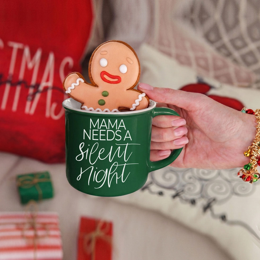 Gia Roma green ceramic mug with white script Mama needs silent night and a gingerbread man on Tampa Home & Garden Store