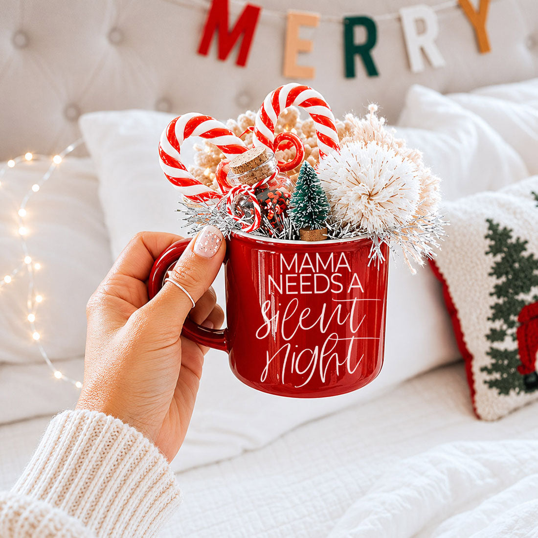 Mama Silent Night Gia Roma coffee mug red with candy canes and mini trees on Tampa Home & Garden Store