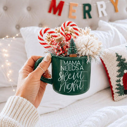 Gia Roma green coffee mug with Mama Needs a silent night script and two candy canes on Tampa Home & Garden Store