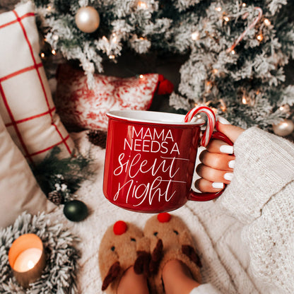 Mama Silent Night mug by Gia Roma, red ceramic with candy cane on rim in cozy scene on Tampa Home & Garden Store