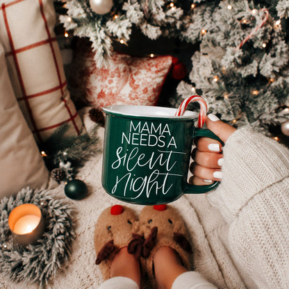 Mug by Gia Roma green ceramic with white script Mama Needs A Silent Night, candy cane on Tampa Home & Garden Store