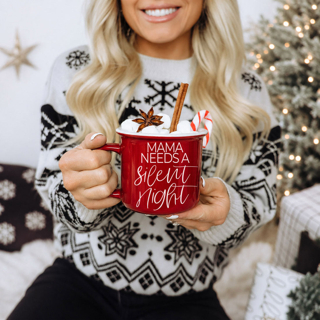 Mama Silent Night red ceramic mug by Gia Roma with marshmallows, cinnamon stick and candy cane on Tampa Home & Garden Store