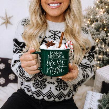 Mama Silent Night coffee mug in green ceramic, script, marshmallows, candy cane, cinnamon stick on Tampa Home & Garden Store