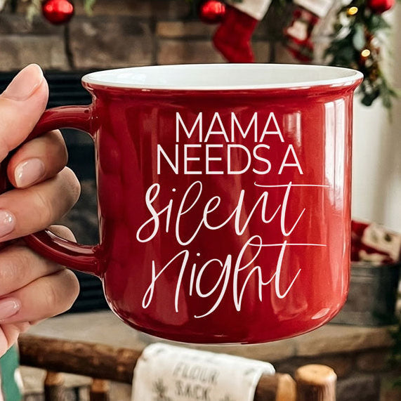 Coffee mug Gia Roma red ceramic with white scripted message Mama Needs a Silent Night on Tampa Home & Garden Store