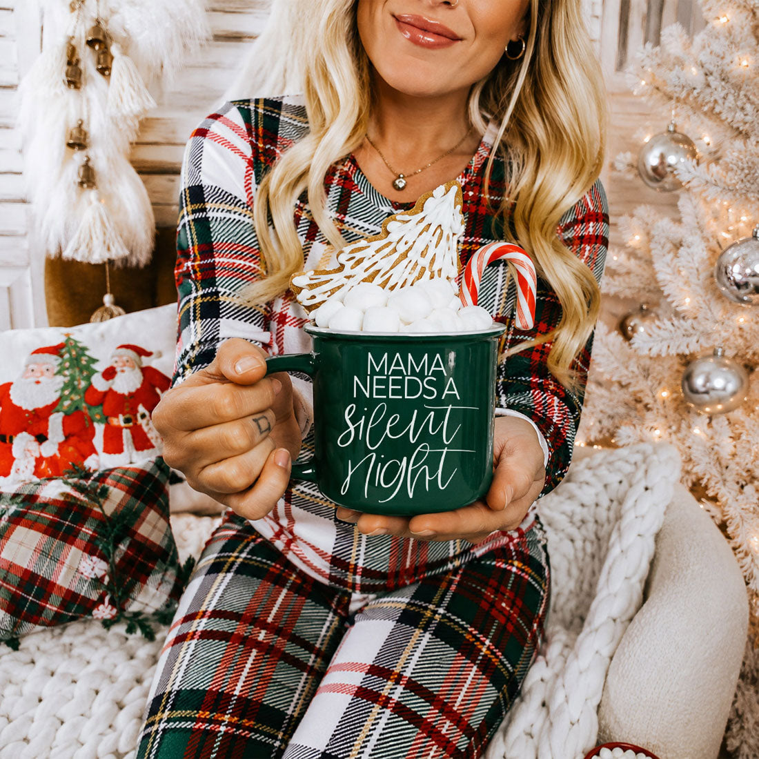 Mama Silent Night mug in green with white script, marshmallows and candy cane on Tampa Home & Garden Store