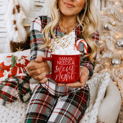 Red ceramic coffee mug with white script Mama needs a silent night, marshmallows and candy cane on Tampa Home & Garden Store