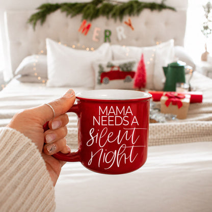Red ceramic coffee mug with white script Mama needs a silent night on Tampa Home & Garden Store