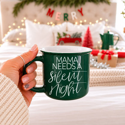 Mama Silent Night PRE-ORDER coffee mug, green ceramic with white interior and script text on Tampa Home & Garden Store