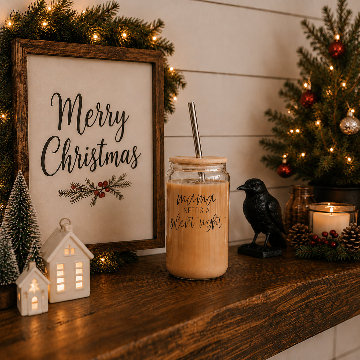 Mama Silent Night 17oz glass tumbler Gia Roma with wooden lid and metal straw on Tampa Home & Garden Store