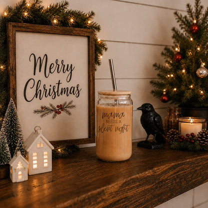 Mama Silent Night 17oz glass tumbler Gia Roma with wooden lid and metal straw on Tampa Home & Garden Store