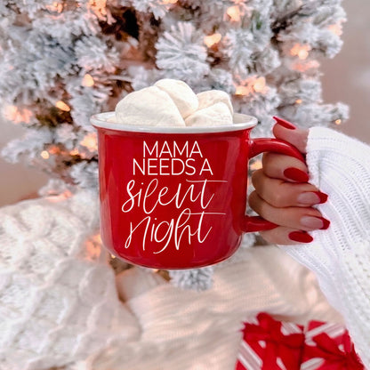 Coffee mug Gia Roma red with script Mama Needs a Silent Night filled with marshmallows on Tampa Home & Garden Store