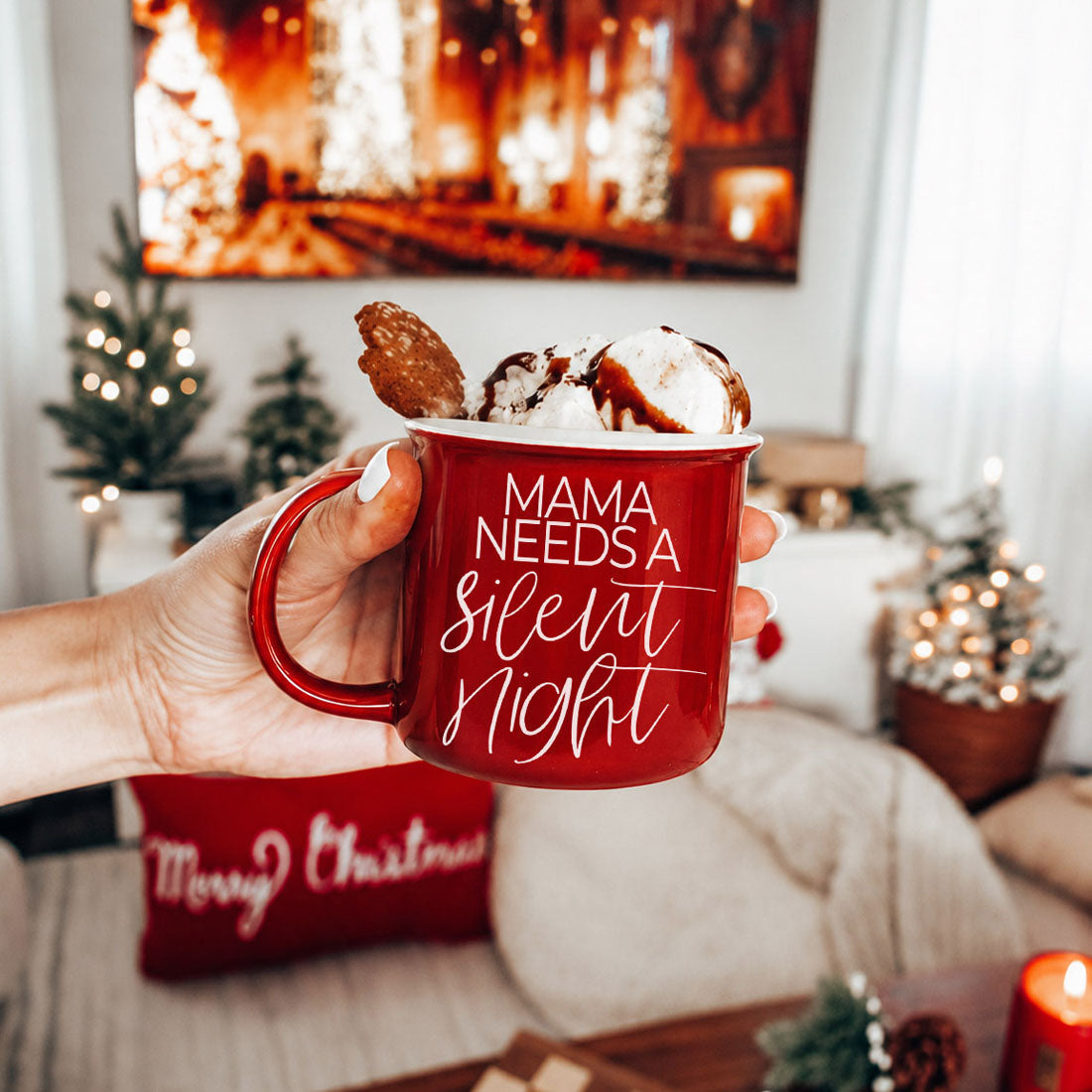 Gia Roma red ceramic coffee mug with Mama Needs a Silent Night text on Tampa Home & Garden Store