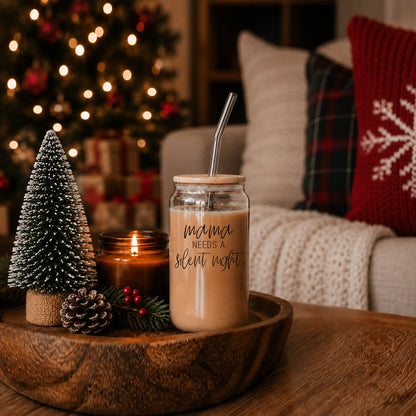 Mama Silent Night 17oz glass cup by Gia Roma, tumbler with wooden lid and straw on a tray on Tampa Home & Garden Store