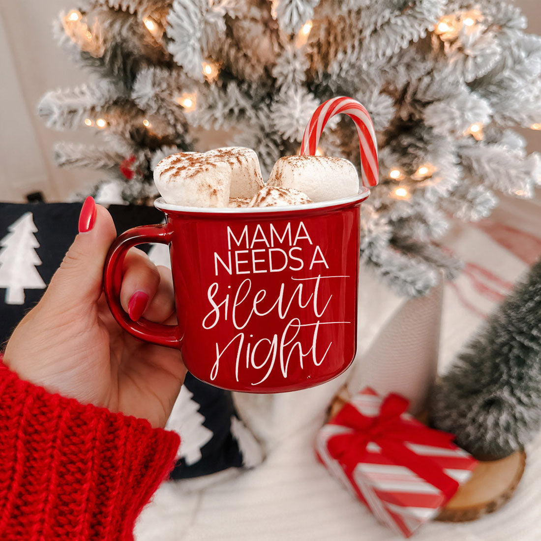 Mug Gia Roma Mama Needs a silent night red ceramic mug with marshmallows and candy cane on Tampa Home & Garden Store