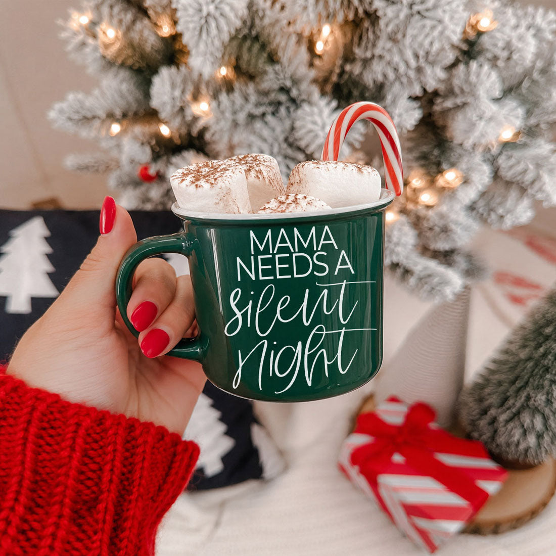 Gia Roma Mama Silent Night mug, green ceramic with white script, marshmallows and candy cane on Tampa Home & Garden Store