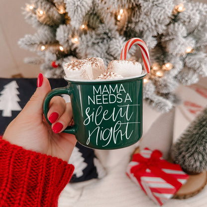Gia Roma Mama Silent Night mug, green ceramic with white script, marshmallows and candy cane on Tampa Home & Garden Store