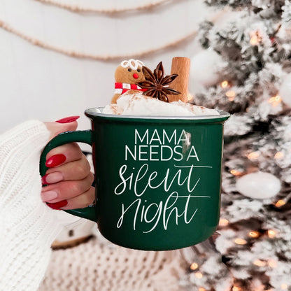 Mama Silent Night coffee mug by Gia Roma, green with white script, whipped cream and gingerbread on Tampa Home & Garden Store