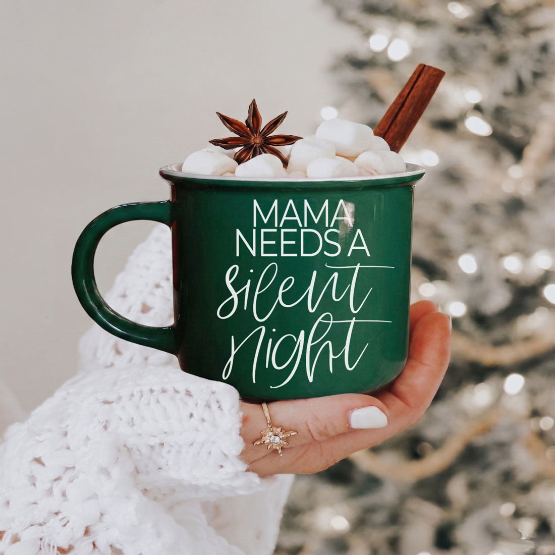 Gia Roma Mama Silent Night green ceramic coffee mug with marshmallows and cinnamon stick on Tampa Home & Garden Store