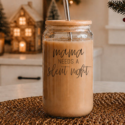 Gia Roma Mama Silent Night 17oz glass drink jar with wooden lid and metal straw on Tampa Home & Garden Store
