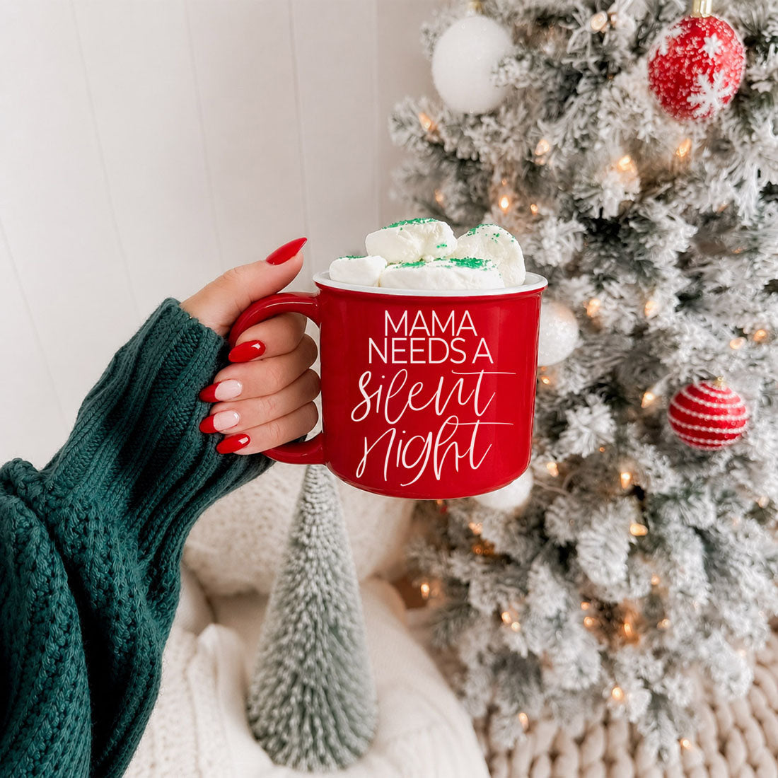 Mama Silent Night mug Gia Roma red ceramic with white script, held by hand on Tampa Home & Garden Store