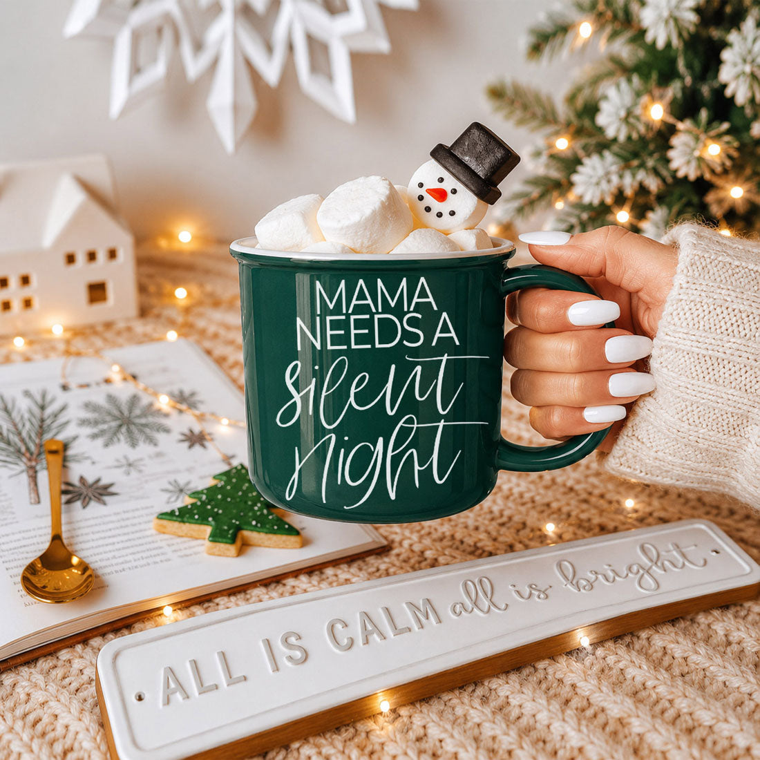 Mama Silent Night coffee mug by Gia Roma, green ceramic with marshmallows and a snowman on Tampa Home & Garden Store