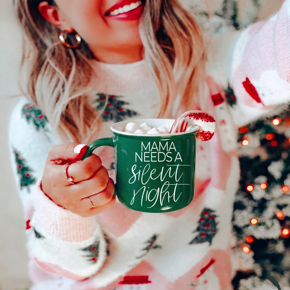 Green Gia Roma mug with script Mama Needs a silent night, marshmallows and a candy cane on Tampa Home & Garden Store