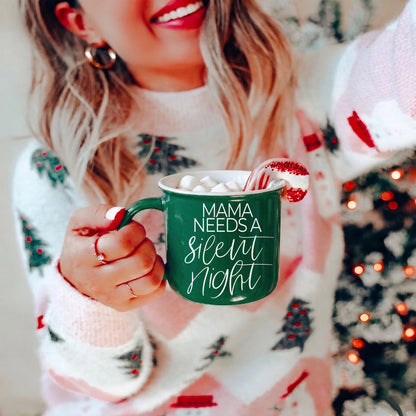 Green Gia Roma mug with script Mama Needs a silent night, marshmallows and a candy cane on Tampa Home & Garden Store