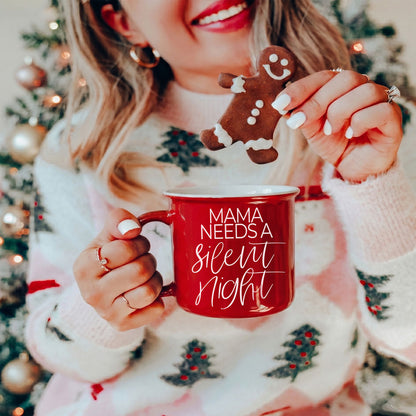 Gia Roma Mama Silent Night coffee mug, red with white script, held with a gingerbread cookie on Tampa Home & Garden Store