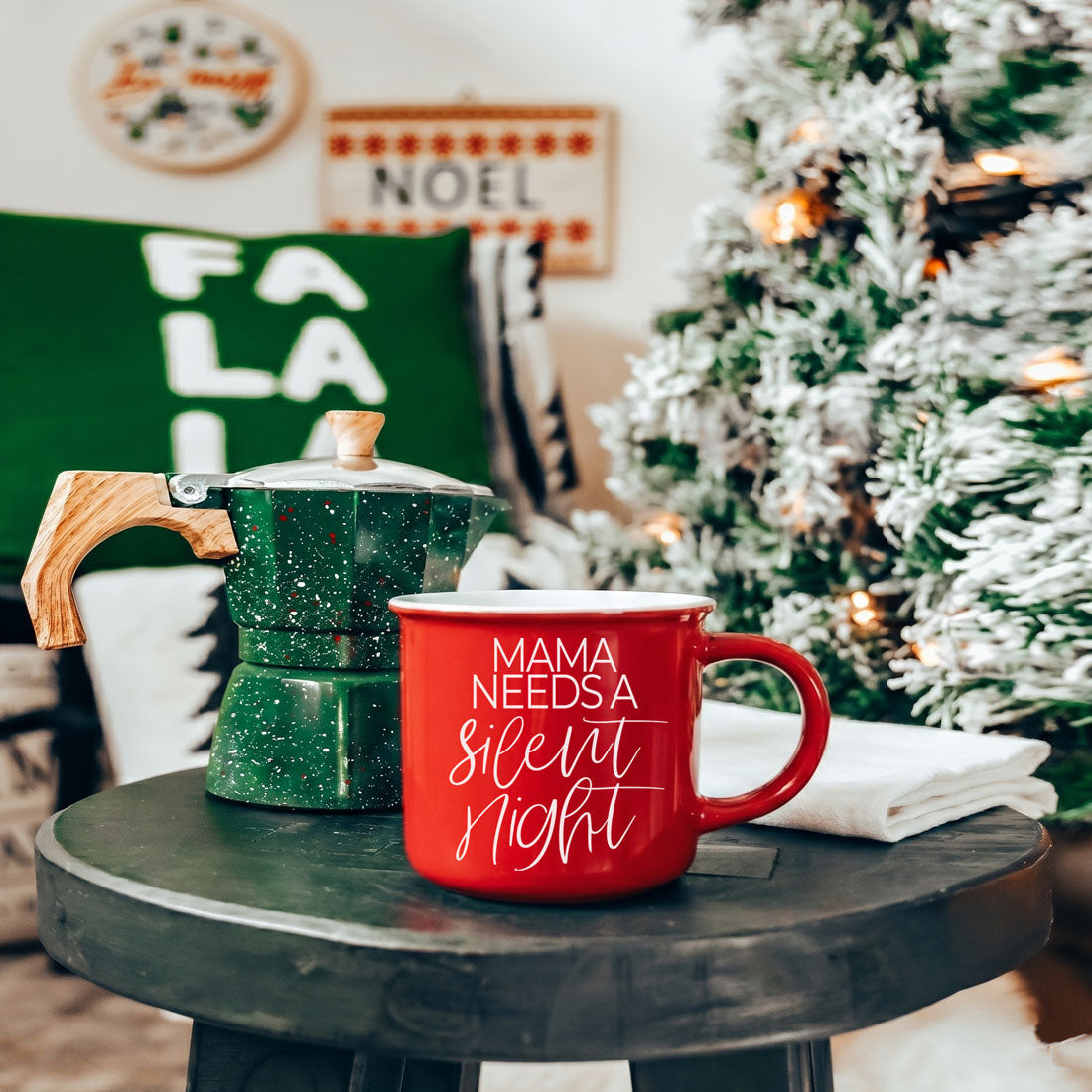 Mama Silent Night pre-order coffee mug by Gia Roma, red ceramic with white script on Tampa Home & Garden Store