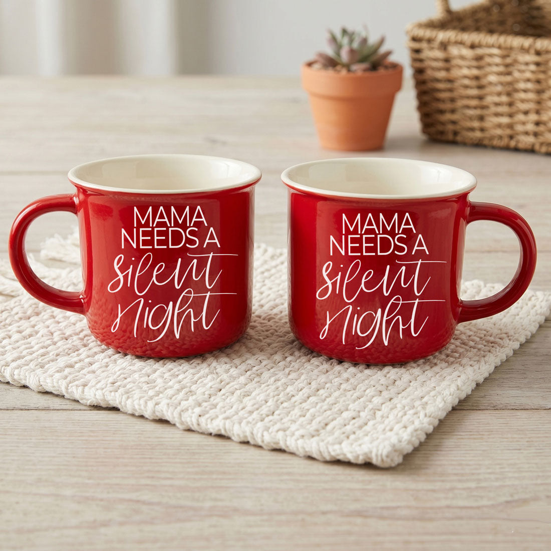 Gia Roma Mama Silent Night red ceramic coffee mugs set of 2 with white script text on Tampa Home & Garden Store