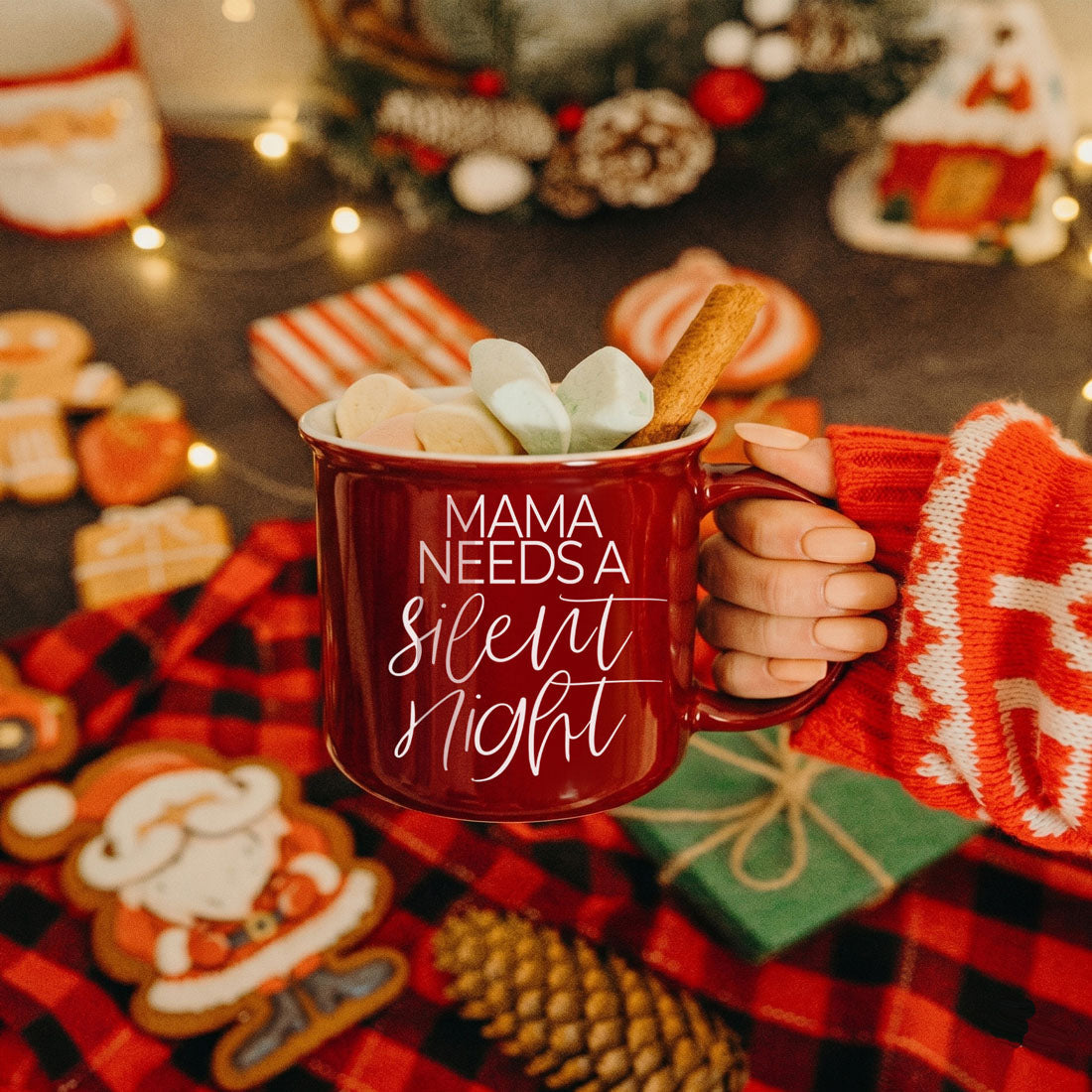 Gia Roma Mama Silent Night mug, red ceramic mug with marshmallows and a cinnamon stick on Tampa Home & Garden Store