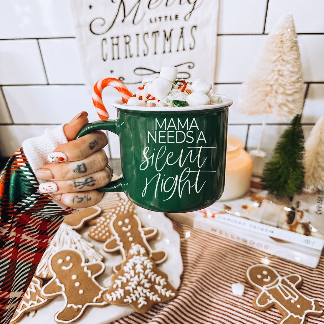 Mama Silent Night coffee mug by Gia Roma in green with marshmallows and candy cane on Tampa Home & Garden Store