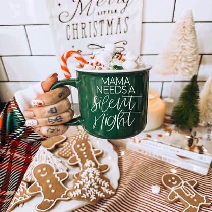 Mama Silent Night coffee mug by Gia Roma in green with marshmallows and candy cane on Tampa Home & Garden Store