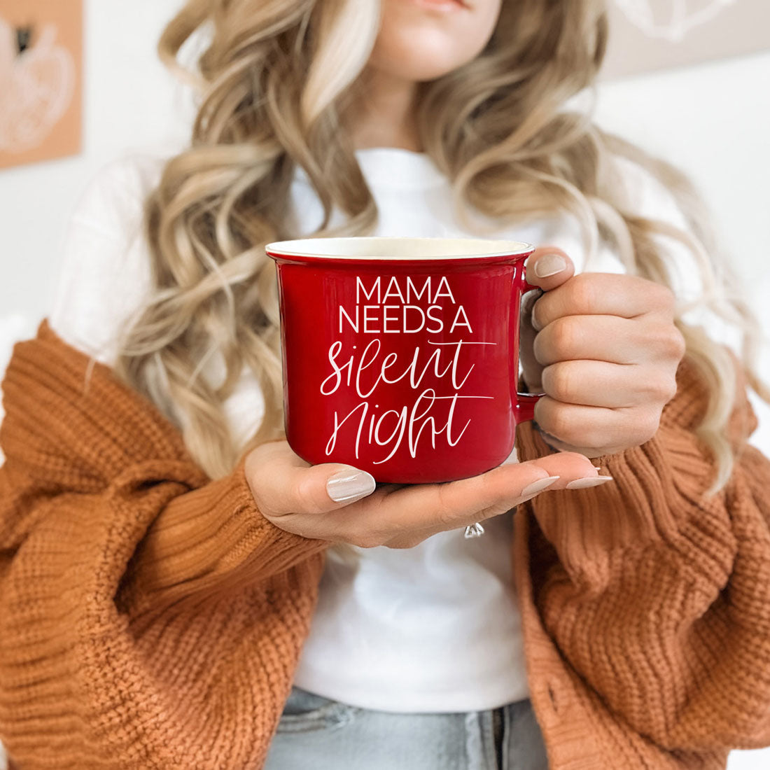 Coffee mug Gia Roma red Mama Silent Night with white script held by a woman in rust cardigan on Tampa Home & Garden Store