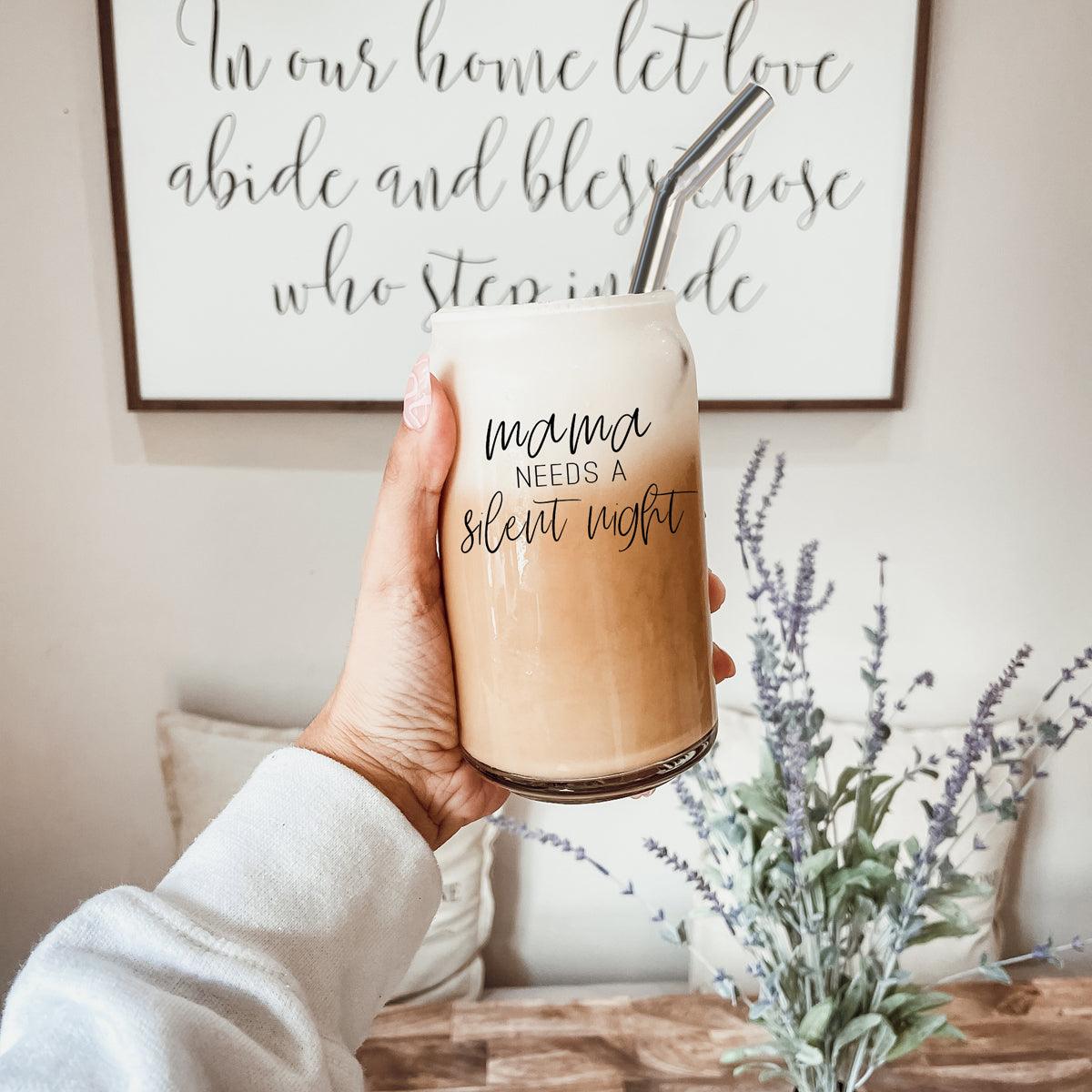Mama Silent Night 17oz glass tumbler by Gia Roma with stainless straw gradient coffee on Tampa Home & Garden Store