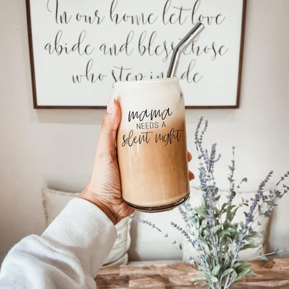 Mama Silent Night 17oz glass tumbler by Gia Roma with stainless straw gradient coffee on Tampa Home & Garden Store