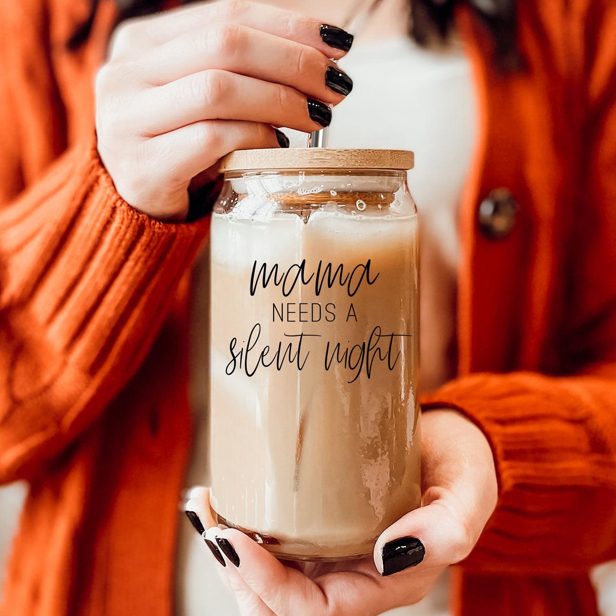 Mama Silent Night 17oz Gia Roma glass cups with bamboo lid, iced coffee drinkware on Tampa Home & Garden Store