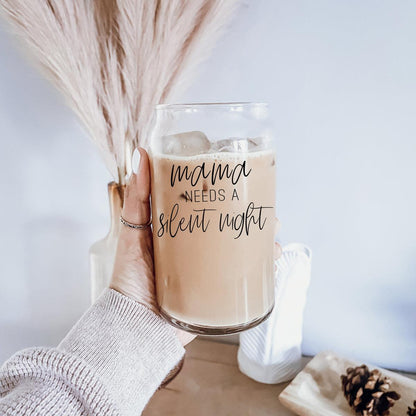 Mama Silent Night 17oz glass cup by Gia Roma with iced coffee, clear stemless drinkware on Tampa Home & Garden Store