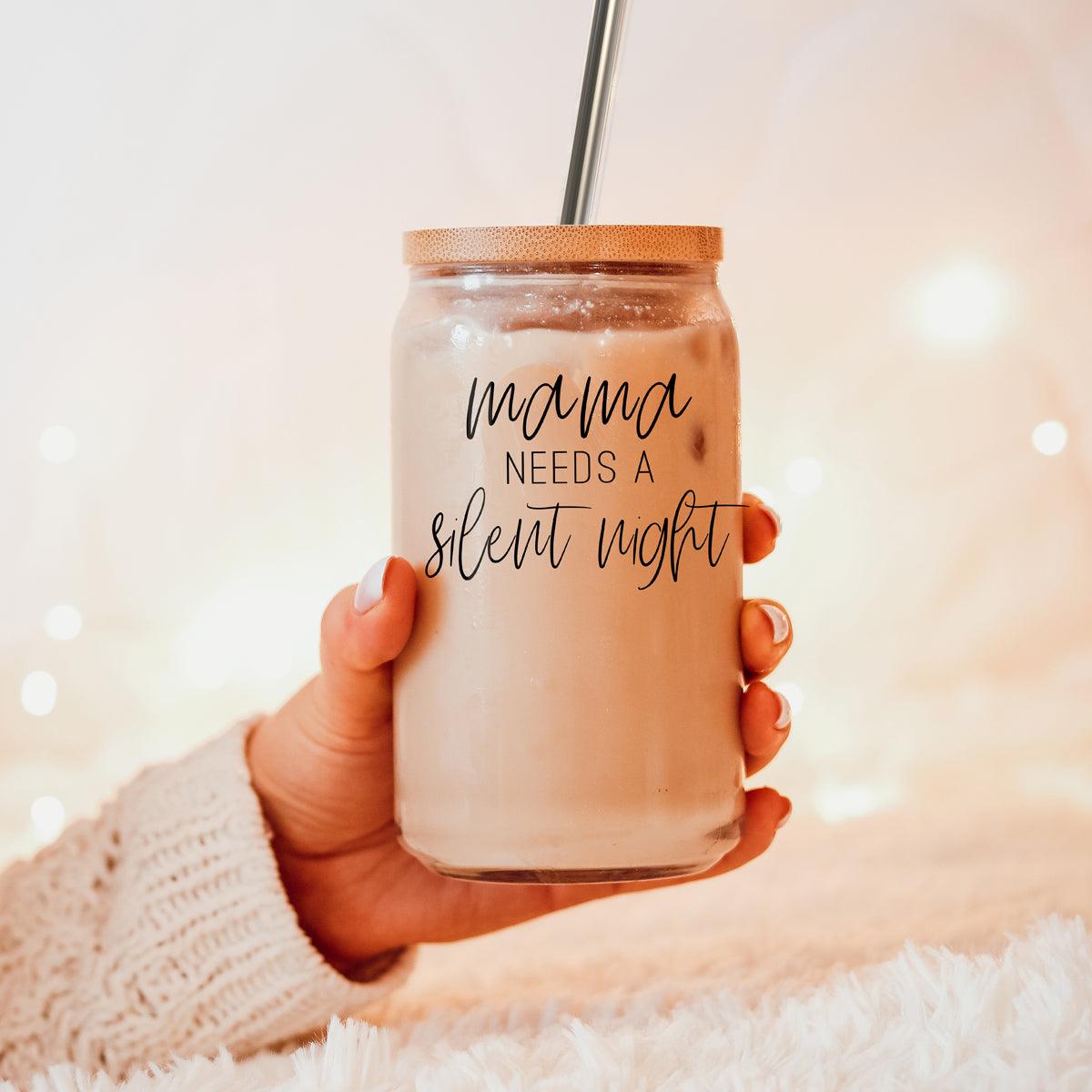 Mama Silent Night 17oz glass cup by Gia Roma with copper lid and straw, iced latte on Tampa Home & Garden Store