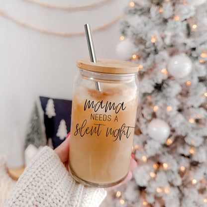 Mama Silent Night 17oz glass cup by Gia Roma with bamboo lid and metal straw on Tampa Home & Garden Store