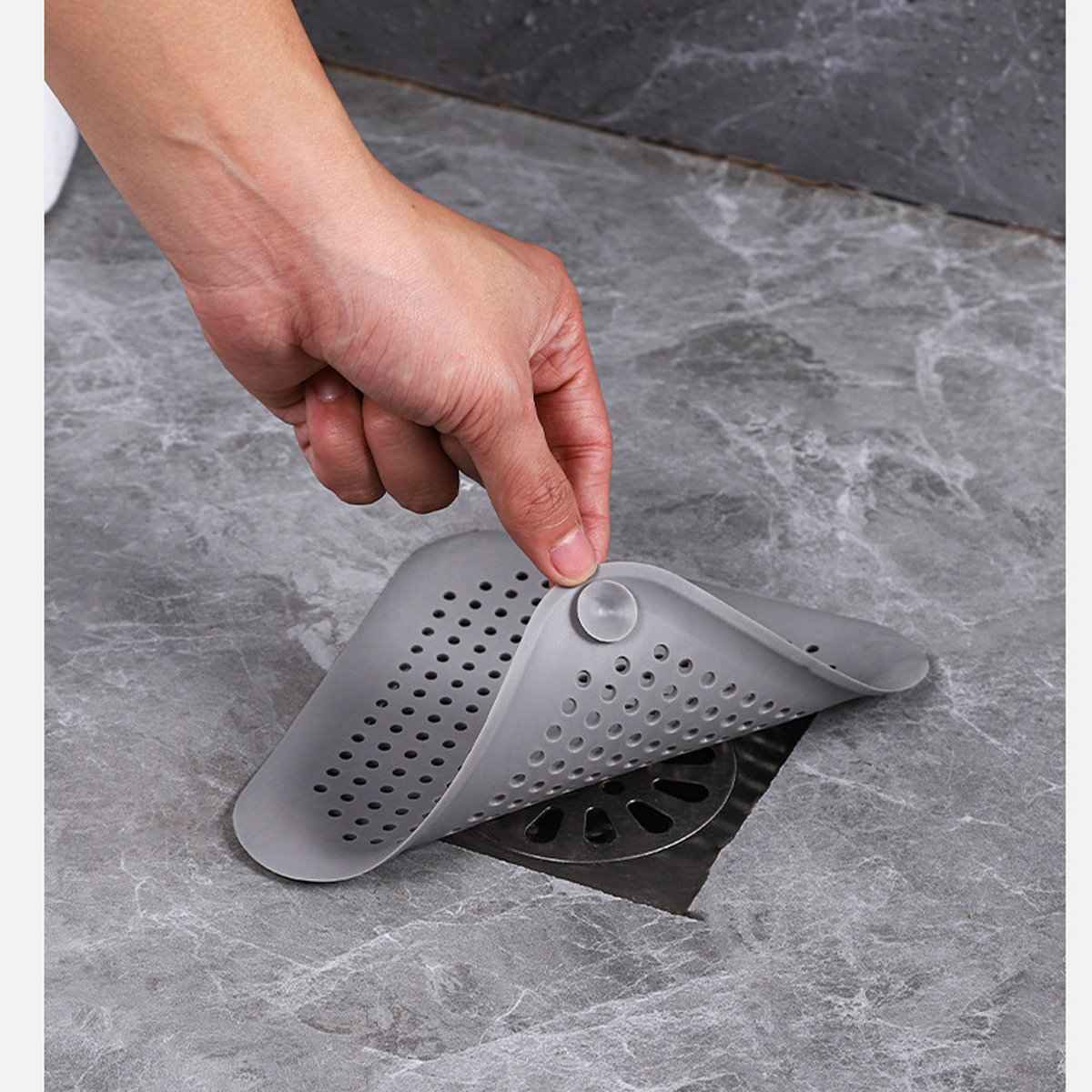 Silicone drain hair catcher square sink strainer, gray perforated with suction on Tampa Home & Garden Store