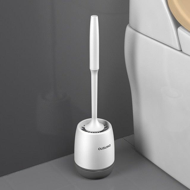 Silicone toilet brush and stainless steel holder white handle with grey base OUSUWO brand on Tampa Home & Garden Store