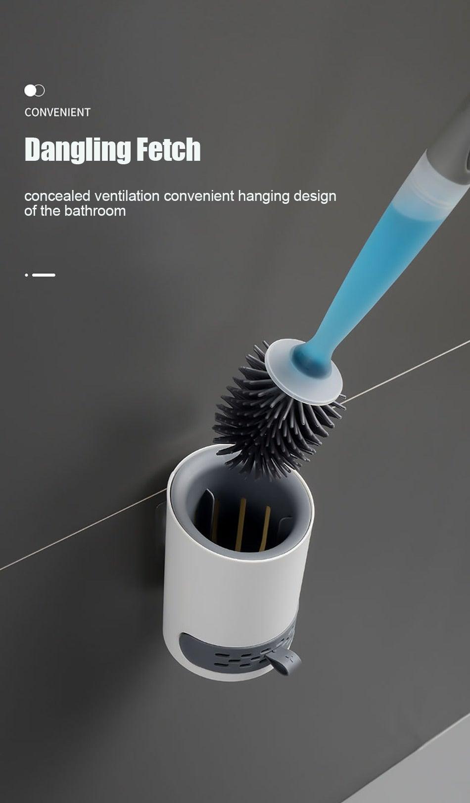 Stiff bristle toilet brush and holder set with blue handle and white cylindrical holder, 2-piece set on Tampa Home & Garden Store