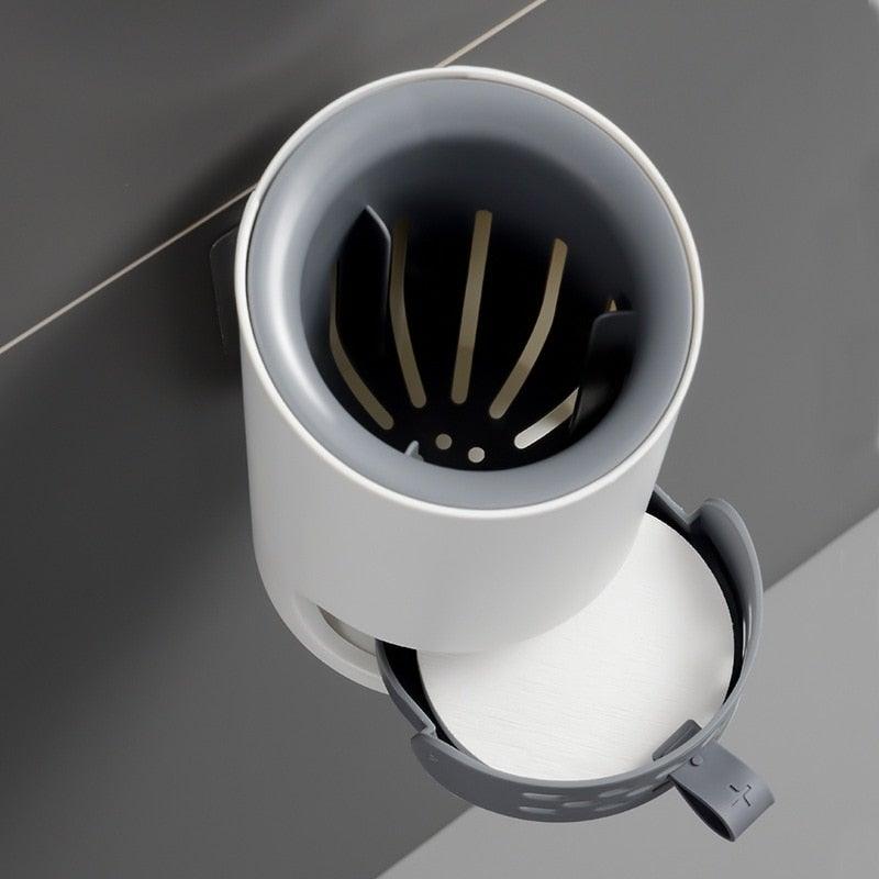 Stiff bristle toilet brush and holder set in white and gray plastic, wall-mounted with lid on Tampa Home & Garden Store