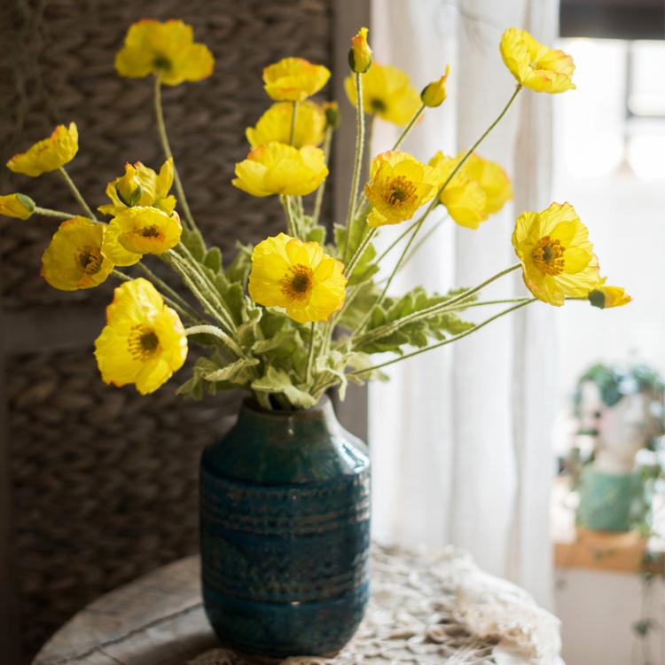 Silk Common Poppy Stem 22in tall with yellow artificial blooms in RusticReach teal vase on Tampa Home & Garden Store