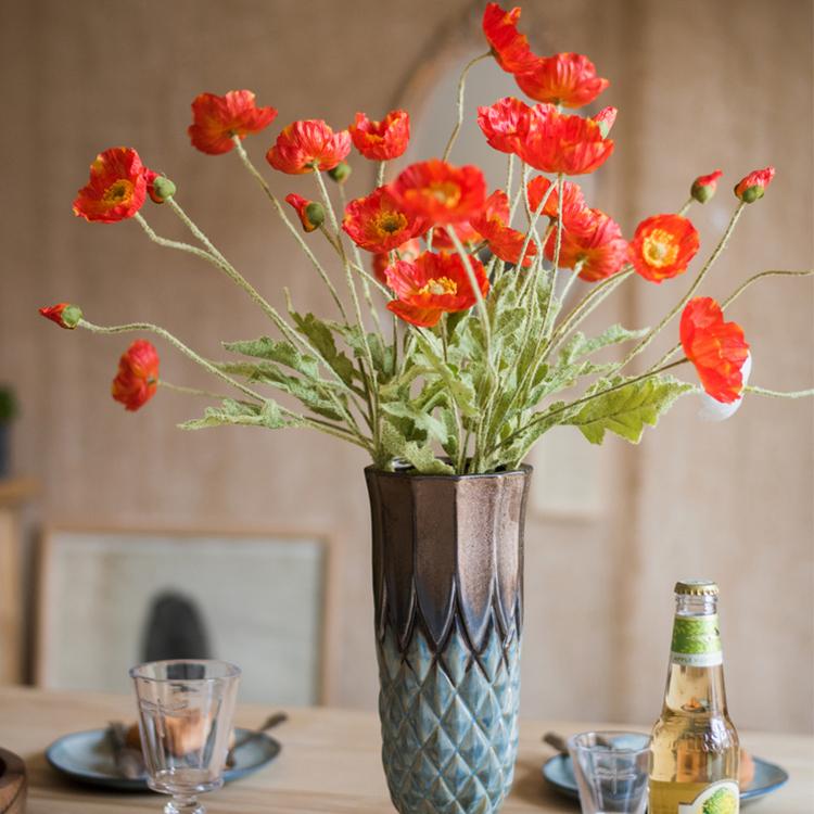 Silk Common Poppy Flower Stem 22in tall in a blue vase, red-orange blooms, RusticReach on Tampa Home & Garden Store